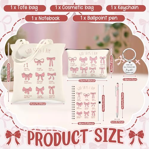 Kinlop 5 Pcs Pink Bow Tote Bag Set Canvas Cosmetic Bag Notebook Pen - color: Pink, style: Pink Bow