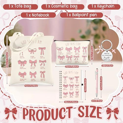 Kinlop 5 Pcs Pink Bow Tote Bag Set Canvas Cosmetic Bag Notebook Pen - color: Pink, style: Pink Bow
