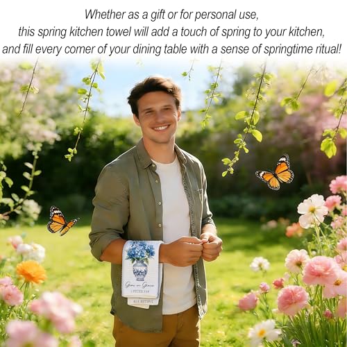 Christian Floral Kitchen Towels, Blue White Porcelain Hydrangea Towel, 06 - color: Blue Spring Hydrangea