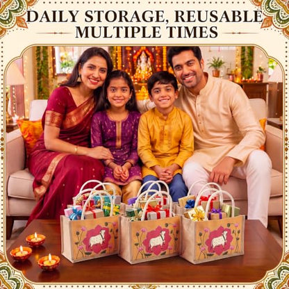 Happy Diwali Return Gift Bags, Pichwai Tote Bags - style: Lotus