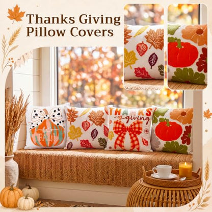 Mixweer 4 Pcs Fall Pillow Covers Set, 18 x 18 Inch Embroidered Autumn Throw Pillow Cases, Harvest Thanksgiving Square Throw Cushion Cover for Couch Sofa Bed Home Decoration - style: Fall