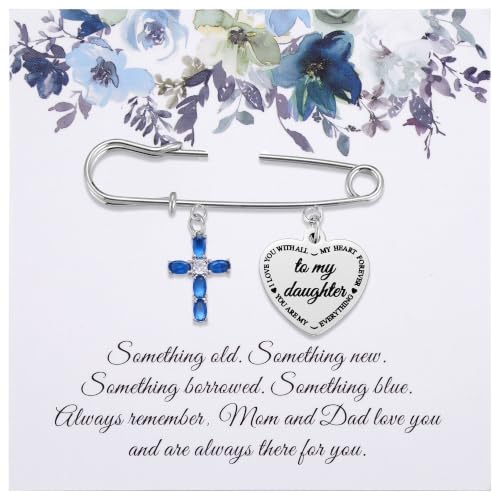 Ralukiia Something Blue Gifts for Bride, Blue Cross Bridal Bouquet Charm Pin with Pearl, Christian Wedding Keepsake, Bridal Shower Gift, Wedding Day Accessory for Daughter Bride - color: From Mom&Dad