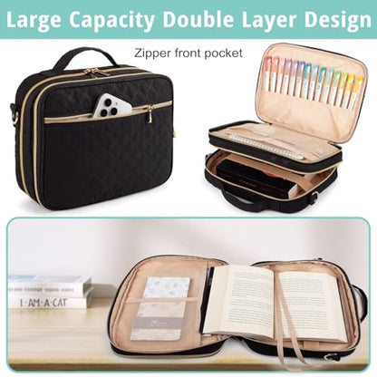 Large Bible Cover for Women,2 Compartments Bible Bag for Church - color: 2 Lays,Black with Stripe Strap
