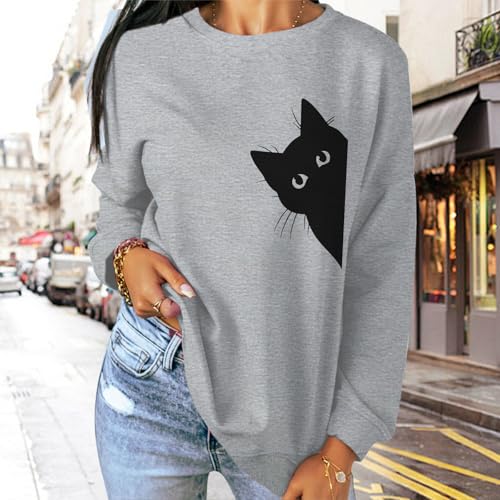 Cat Sweatshirts for Women Graphic Print Sweatshirt Funny Long Sleeve Shirt Cute Pullover Lightweight Hoodie Tops - color: Light Gray, size: Large