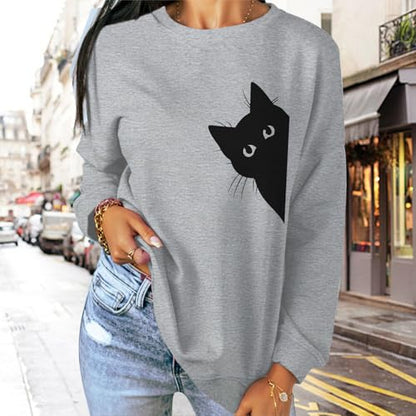 Cat Sweatshirts for Women Graphic Print Sweatshirt Funny Long Sleeve Shirt Cute Pullover Lightweight Hoodie Tops - color: Light Gray, size: Medium