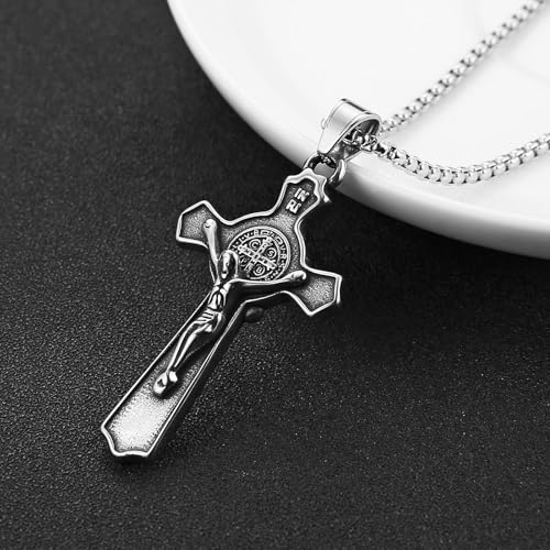 HZMAN Stainless Steel St. Benedict Crucifix Cross Necklace for Men - color: Small Matte silver