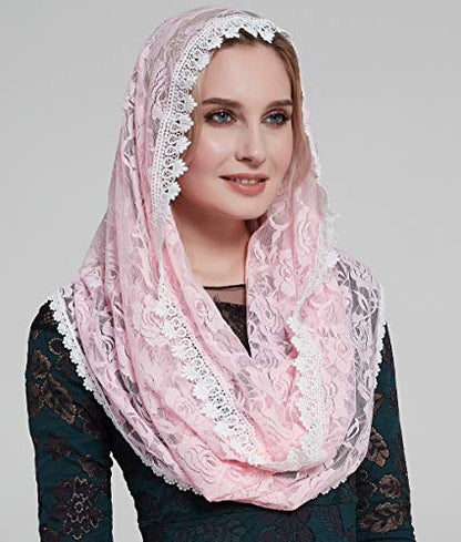 YHDDYG Infinity Veil for Catholic Mass Lace Infinity Scarf Church Veil for Girls Mantilla Infinity Veils Roses S97 - color: Pink Infinity