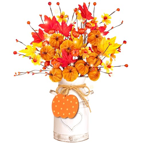 Thanksgiving Centerpieces for Tables Fall Table Decor 5 Pcs Artificial Pumpkins Maple Leaf Stems with Vase, String Lights and Wooden Sign Flowers Arrangements for Autumn Harvest Farmhouse Home Decor - color: Fall Decor