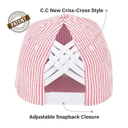 C.C Women's Criss-Cross Ponytail Trucker Hat - Snapback, One Size - color: Cotton Stripe-red