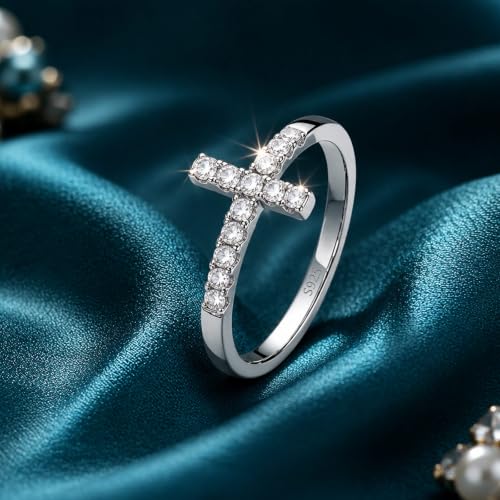 WES Moissanite Cross Ring for Women - Hypoallergenic 925 Sterling Silver 14K White Gold Plated Dainty Stackable Wedding Band Eternity Ring, Size 4-11