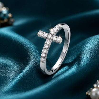 WES Moissanite Cross Ring for Women - Hypoallergenic 925 Sterling Silver 14K White Gold Plated Dainty Stackable Wedding Band Eternity Ring, Size 4-11