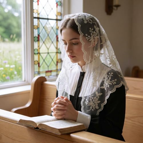 Lystaii Triangle Lace Mantilla Veil Catholic Chapel Head Covering Scarf - color: White