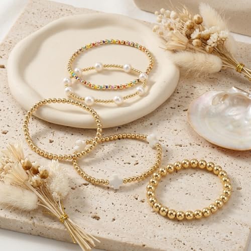 Gold Beaded Bracelets Stack for Women Stackable 14K Gold Plated Beads Ball Cross Bracelet Boho Christian Jewelry Faith Friendship Birthday Gifts for Women - color: White-2
