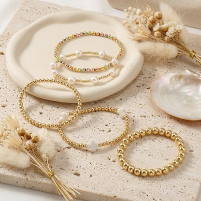 Gold Beaded Bracelets Stack for Women Stackable 14K Gold Plated Beads Ball Cross Bracelet Boho Christian Jewelry Faith Friendship Birthday Gifts for Women - color: White-2