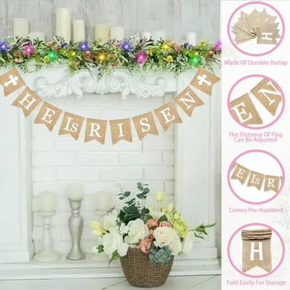 He is Risen Banner, Easter Decorations Natural Burlap Garland Religious Bunting Party Supplies Spring Holiday Celebration for Christian Resurrection Photo Props Church Egg Hunt Events