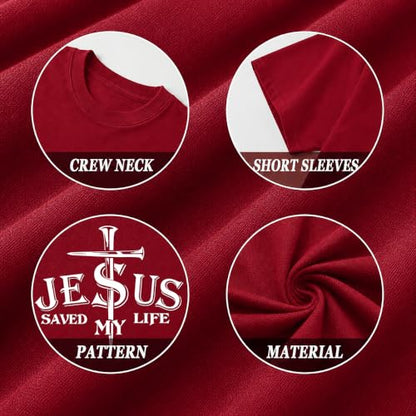Christian Jesus Cross Shirts for Men Jesus Saved My Life T-Shirt God Tee - color: Claret, size: Small