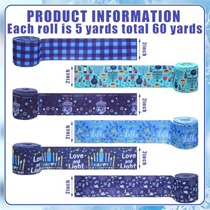 12 Rolls 60 Yard Hanukkah Wired Ribbon for Wreath Craft Bow - style: Hanukkah