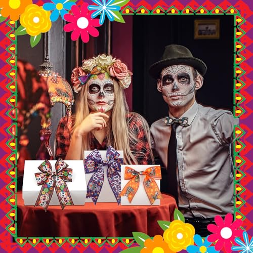 12 Rolls 60 Yard Day of the Dead Wired Ribbon for Wreath Craft Bow - style: Day of the Dead