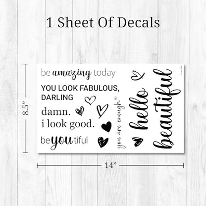 Affirmation Mirror Decals - Set of 6 Black Vinyl Quotes Be Amazing Today | Hello Beautiful | I Look Good | You Look Fabulous Darling Bathroom Mirror Sticker - color: Black Affirmation