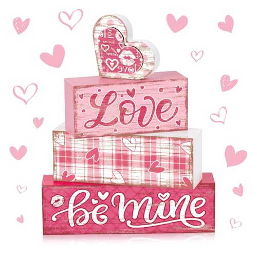 Britimes Tiered Tray Decor Set, 4 Pack, Wooden Table Sign, Valentine Plaid - style: Pink Love Plaid