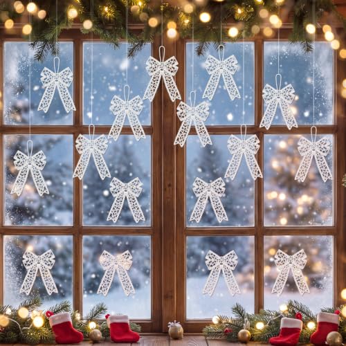 Lunmon 48 Pcs Christmas Crochet Bows Ornaments for Christmas Tree, White - style: Bows