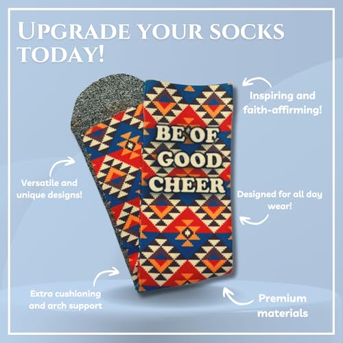 Bible Verse Socks for Men, Christian Scripture Crew Socks, Faith Gift - color: Be of Good Cheer