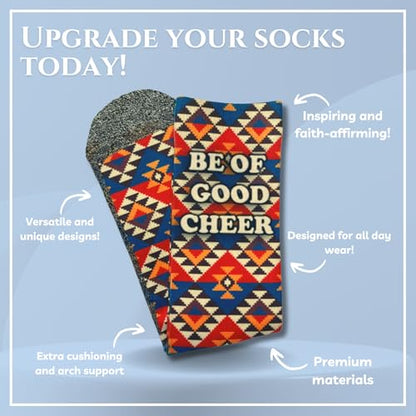 Bible Verse Socks for Men, Christian Scripture Crew Socks, Faith Gift - color: Be of Good Cheer