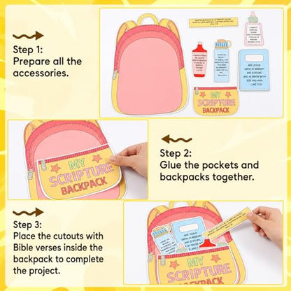 12 Sets Back to School Religious Craft Kits DIY Spiritual Backpack Bible Craft Make Your Own Backpack Cutouts with Pockets for First Day Sunday School Christian VBS Church Home Crafts Activity Supply