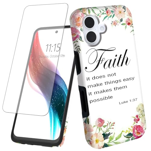 for iPhone 16 Phone Case 6.1" with Screen Protector 1-37 Bible Verse Christian Design for Women Men Hybrid Dual Layer Hard PC Shell Soft TPU Silicone Wireless Charging Shockproof Protective Cover - color: 1-37 Bible Verse Christian, size: for iPhone 16 6.