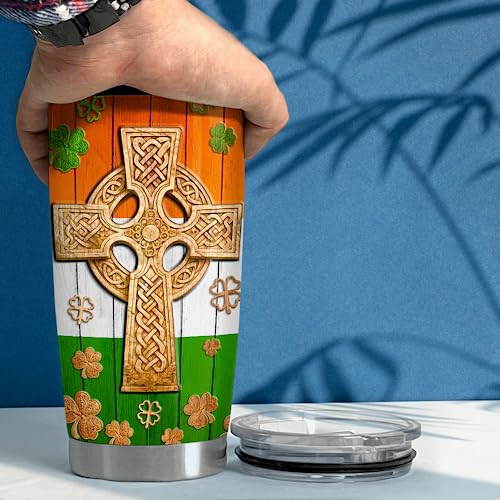 SANDJEST Irish Tumbler 20oz Celtic Cross Irish Fact Stainless Steel Tumbler with Lid Gifts for Women Birthday Christmas - color: Irish