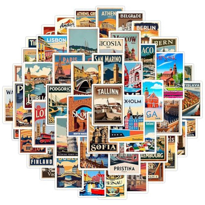 Europe Travel Stickers 50Pcs European Cities Theme Waterproof Vinyl Decals - color: Europe Travel