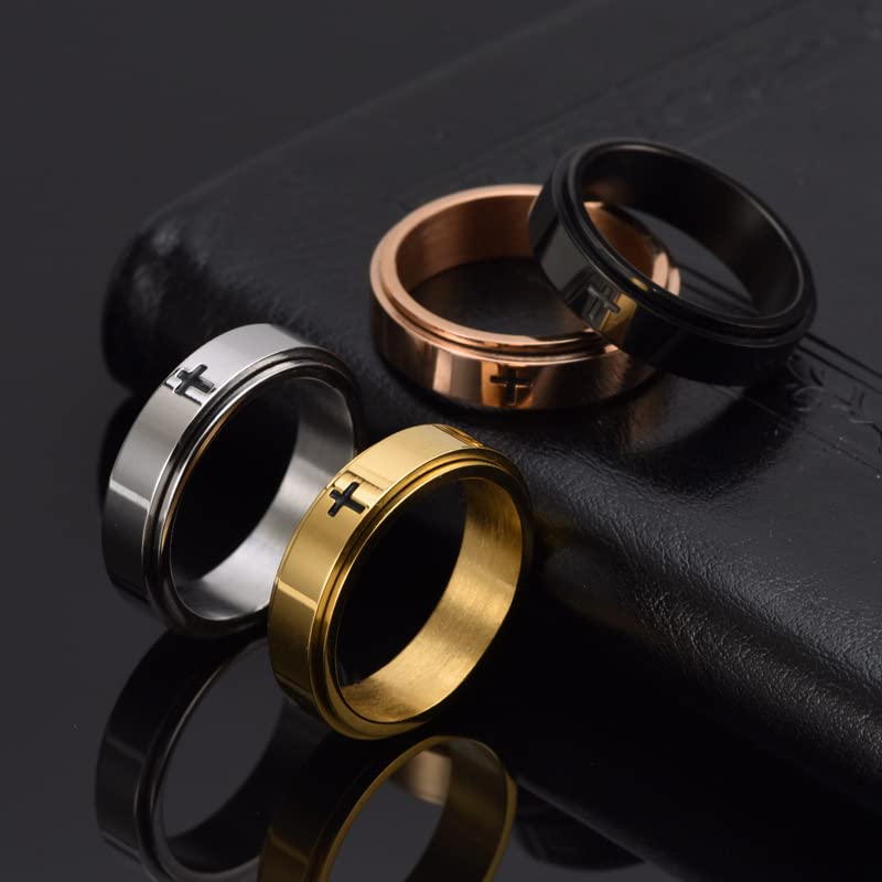 Fuqimanman2020 6mm Stainless Steel Cross Spinner Band Ring Stress Relief Christian Jesus Christ Lord Prayer Rotating Fidget for Men Women Anxiety Religious Engagement Wedding Jewelry - color: Black