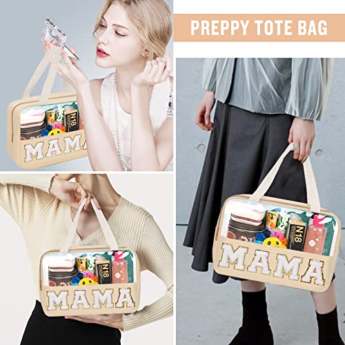 Preppy Clear Mama Makeup Bags with Chenille Letter Patches, Travel Essentials Large Clear Make up Bag Zipper Pouch with Handle, Waterproof Nylon Cosmetic Toiletry Storage Tote for Women (MAMA-Beige) - color: MAMA-Beige