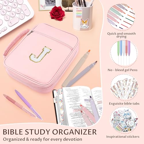 WOBAGMEN Bible Cover for Women,Pink PU Leather Personalized Bible Case with Bible Study Supplies,Including Tabs and Highlighter Set, Faith Chiristain Gift for Women Girls (Pink, J) - size: J