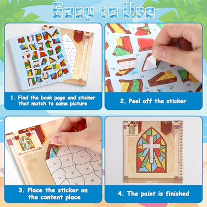 4PCS Bible Sticker Books Paint by Number Activity Book Bulk Christian Religious Sunday Crafts Nativity Puzzle Gift Church Set for Easter Christmas Party Favor with Jesus Cross 32 Pictures - style: Bible