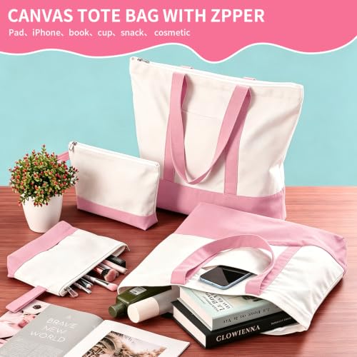 2-Pack Canvas Tote Bags and Makeup Bags, Cotton Zipper Bag, Pink - color: Pink/White