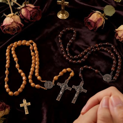 2 Pack Wooden Rosary Beads, Handmade Prayer Beads for Women and Men with Jerusalem Holy Soil Medal & Metal Cross, Unisex Catholic Rosary Jewelry Gift (Black + Brown)