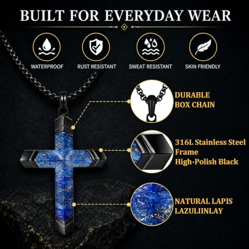 Lapis Lazuli/Amethyst Cross Necklace for Men Waterproof and Sweat-Resistant Suitable for both men and women With Adjustable Box Chain Christian Jewelry Father Day Gifts for Men - color: Blue&Black