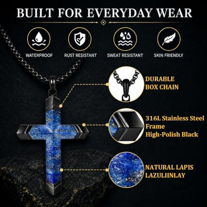 Lapis Lazuli/Amethyst Cross Necklace for Men Waterproof and Sweat-Resistant Suitable for both men and women With Adjustable Box Chain Christian Jewelry Father Day Gifts for Men - color: Blue&Black