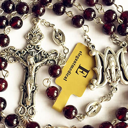 elegantmedical HANDMADE GARNET GEMSTONE BEADS Our Lady Of Virgin Mary Catholic Rosary Necklace Cross Box