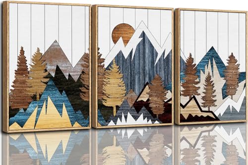 CHDITB Mountain Framed Canvas Wall Art Set of 3, 24"x36" Country Woodcut Style Wall Decor, Forest Nature Wilderness Wall Painting, Large Modern Art Prints for Living Room, Bedroom, Farmhouse, Office - color: Mountain, size: 24"L x 36"W