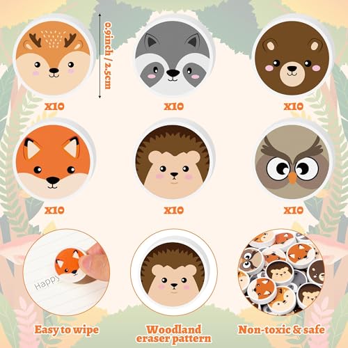Woodland Animals Mini Eraser for Kids Back to School Gifts 60P Cute Animal Hedgehog Bear Assortment Novelty Pencil Erasers Bulk Stationery for Classroom Reward Birthday Party Goodies Fillers - style: Woodland Animals