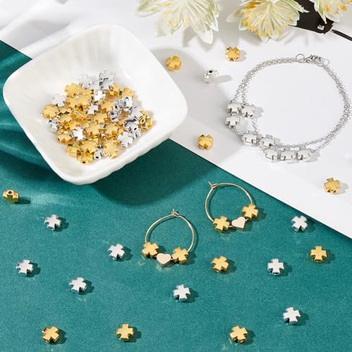 PH PandaHall 120PCS Easter Cross Beads, 2 Colors Antique Cross Holy Spacer Beads Charms Metal Loose Bead for DIY Craft Jewelry Making Handmade Bracelets, 8x7.5x3.8mm, Silver and Golden