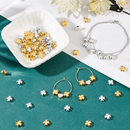 PH PandaHall 120PCS Easter Cross Beads, 2 Colors Antique Cross Holy Spacer Beads Charms Metal Loose Bead for DIY Craft Jewelry Making Handmade Bracelets, 8x7.5x3.8mm, Silver and Golden