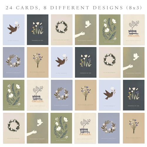 Hat Acrobat 24 Sympathy Cards with Envelopes - 8 Unique Illustrated Designs (3 of Each) - Assorted Condolence Bereavement Cards Bulk with Heartfelt Messages Inside - color: Folk Art