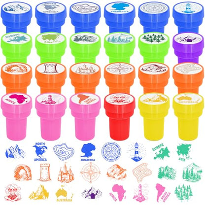 Cinrobiye 24 Pcs Geography Adventure Stampers Party Favor Set, Cute World Map Stamps for Kids Birthday Party, Classroom Rewards, Educational Learning Toys, Goody Bag Fillers, Themed Party Supplies - color: Geography Adventure