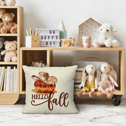 Hello Fall Western Disco Ball Pumpkin Throw Pillow Covers 18x18 - color: Disco Ball