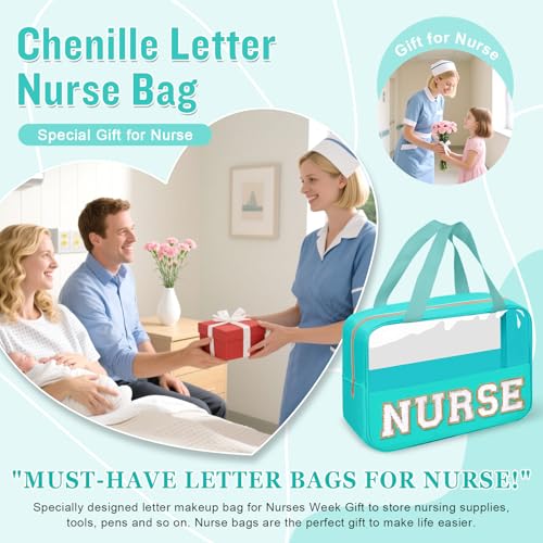 Nurses Week Gifts Chenille Letter NURSE Makeup Bag for Women,Preppy Nurse Cosmetic Pouch Zipper with Handle Nurse Essentials Bag for Work Supplies,Medical Assistant Bag Nursing Students(NURSE-Green) - color: NURSE-Green