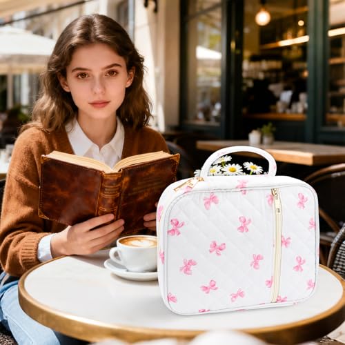Zkptops Bible Cover Case for Women Girls Large Bible Bag Cotton Quilted Bible Carrying Case with Zipper Pocket and Handle Pink Bow Christian Carrying Book Cover for Christian Study Supplies Gift - color: Fr Pink Bow