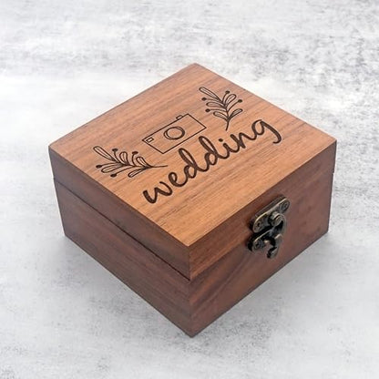 Handmade Walnut Wood Wedding Keepsake Box – 3.7"x3.7"x2.17" Jewelry Storage Gift Box with Engraved Camera & Floral Design – Ideal for Rings, Watches – Perfect for Wedding, Birthday, Christmas